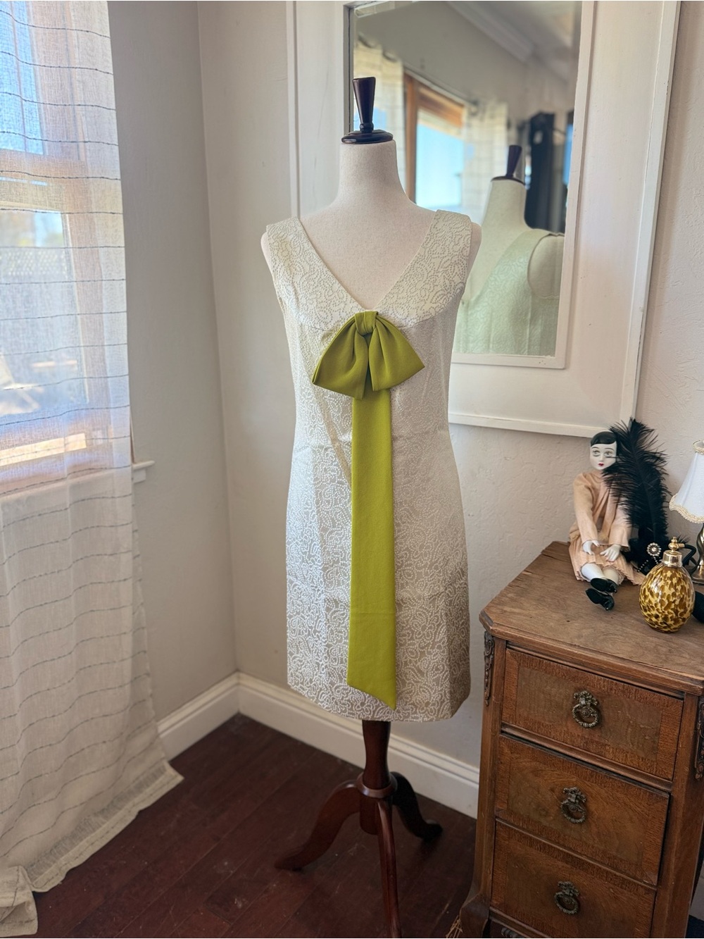1960’s Vintage Ivory Lace V-Neck Dress with Green Bow Accent